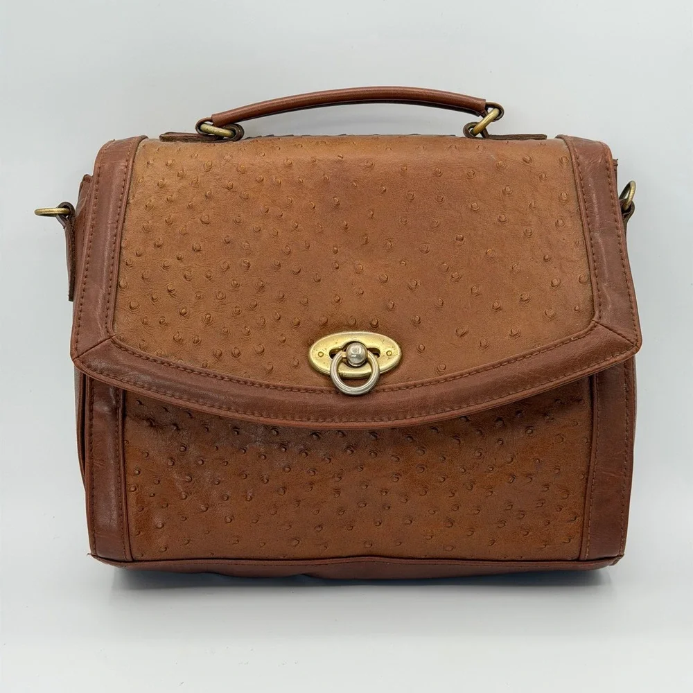 Vintage Carlo Calucci Ostrich Embossed Satchel Bag Brown Turn Lock Flap Brass
